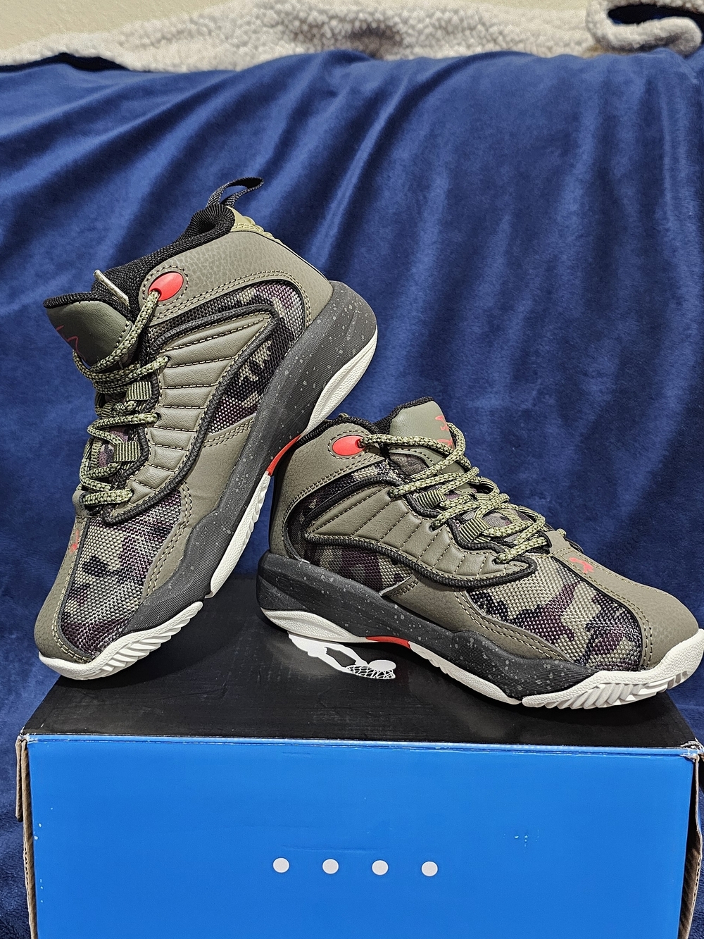 Kids Olive Camo High-Top Sneakers with Red Accents